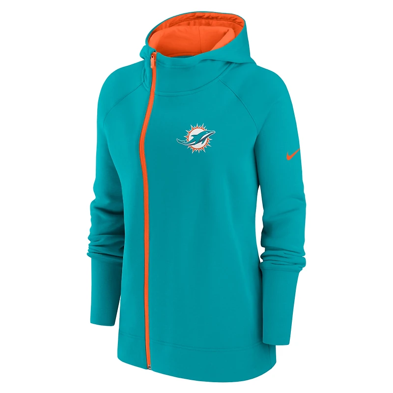 Sweat à capuche asymétrique entièrement zippé Nike Aqua Miami Dolphins pour femme