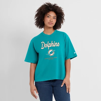 T-shirt Nike Aqua Miami Dolphins Essential Script pour femme, coupe décontractée