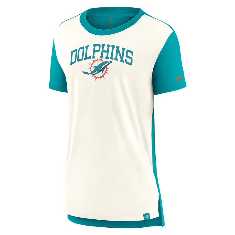 T-shirt tri-mélange Nike Cream/Aqua Miami Dolphins Wordmark pour femme
