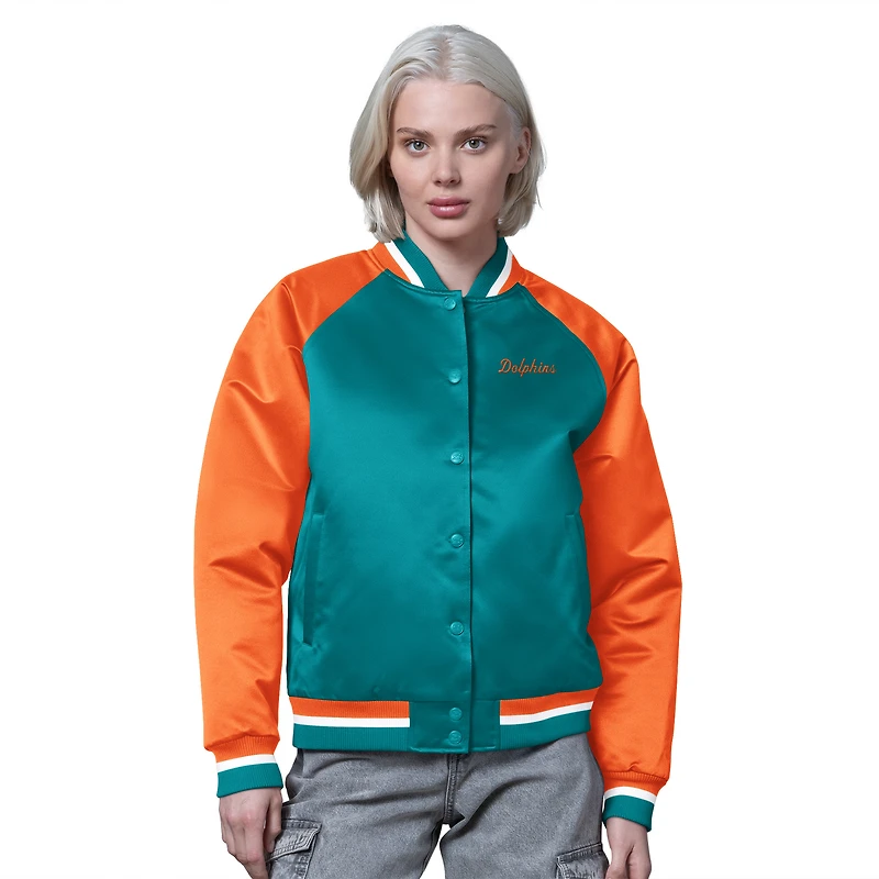 Women's Starter Aqua/Orange Miami Dolphins Satin Full-Snap Vintage Varsity Jacket