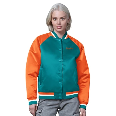 Women's Starter Aqua/Orange Miami Dolphins Satin Full-Snap Vintage Varsity Jacket