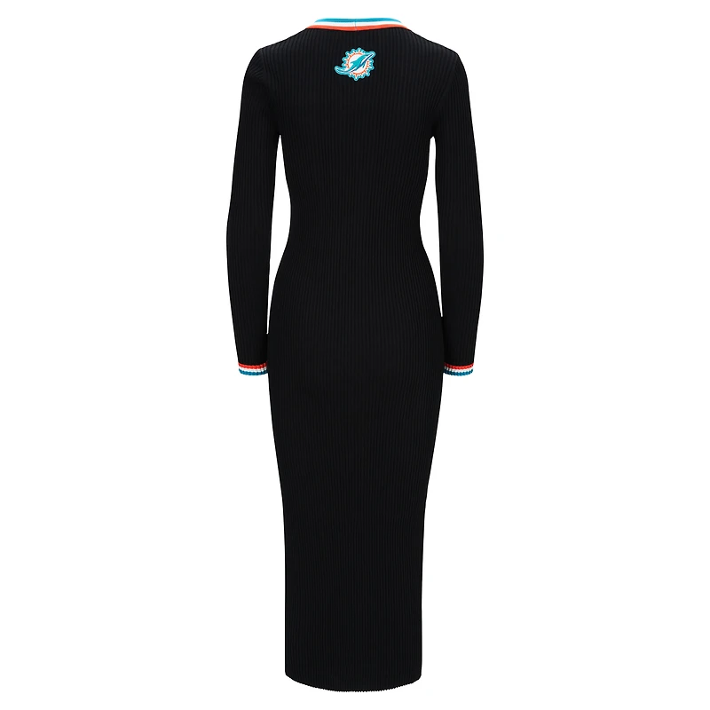 Women's STAUD Black Miami Dolphins Shoko Knit Button-Up V-Neck Sweater Dress