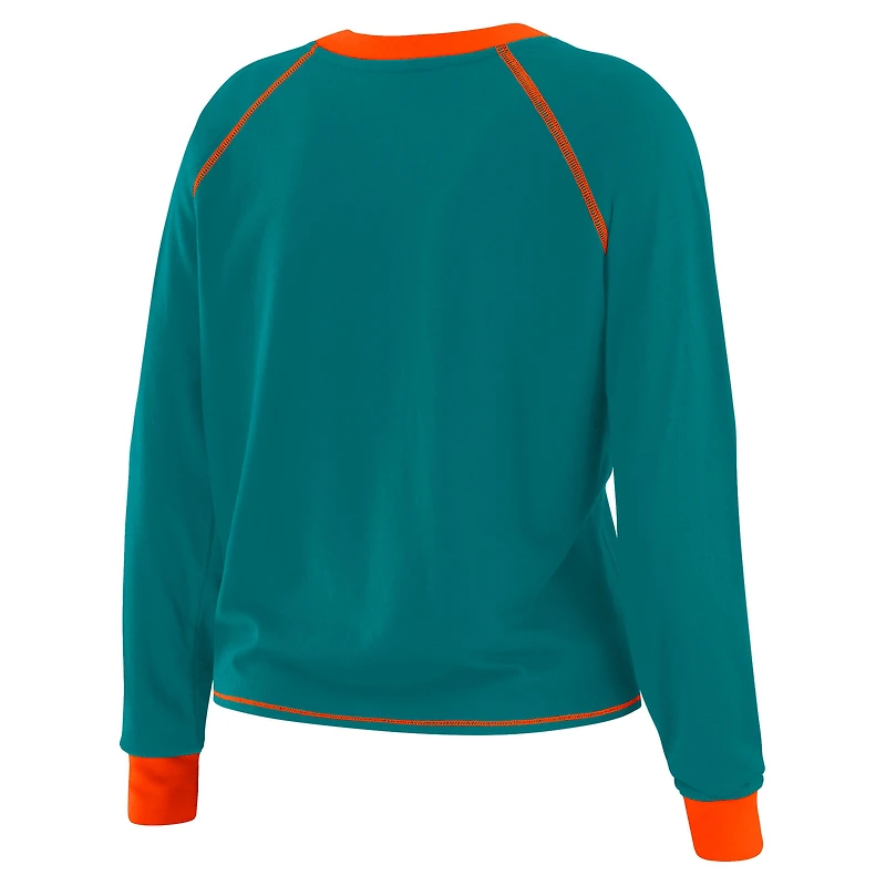 Women's WEAR by Erin Andrews Aqua/Orange Miami Dolphins Plus Tie-Front Long Sleeve Top