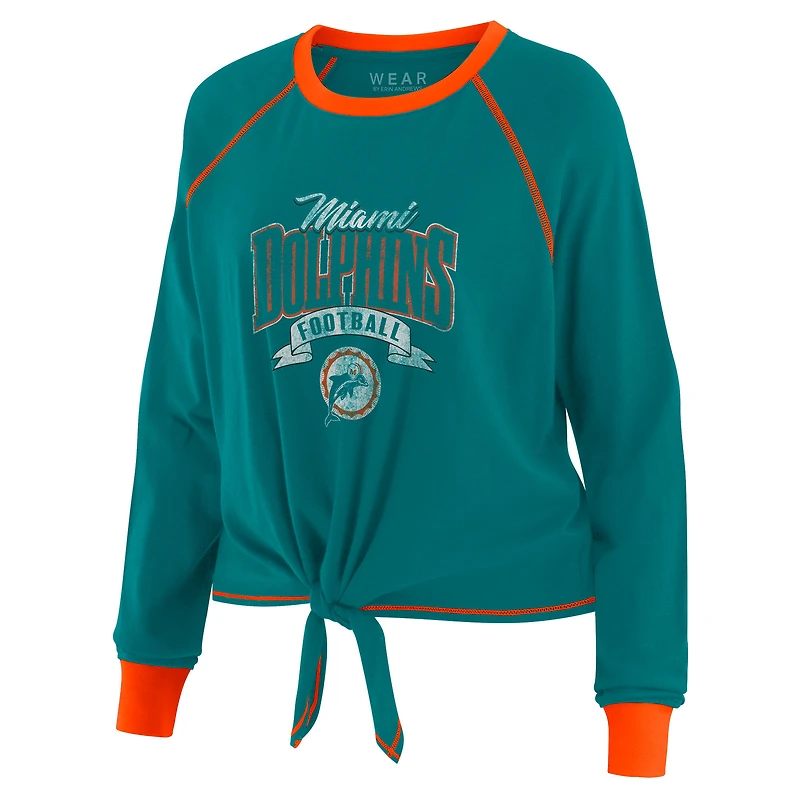 Women's WEAR by Erin Andrews Aqua/Orange Miami Dolphins Tie-Front Long Sleeve Top