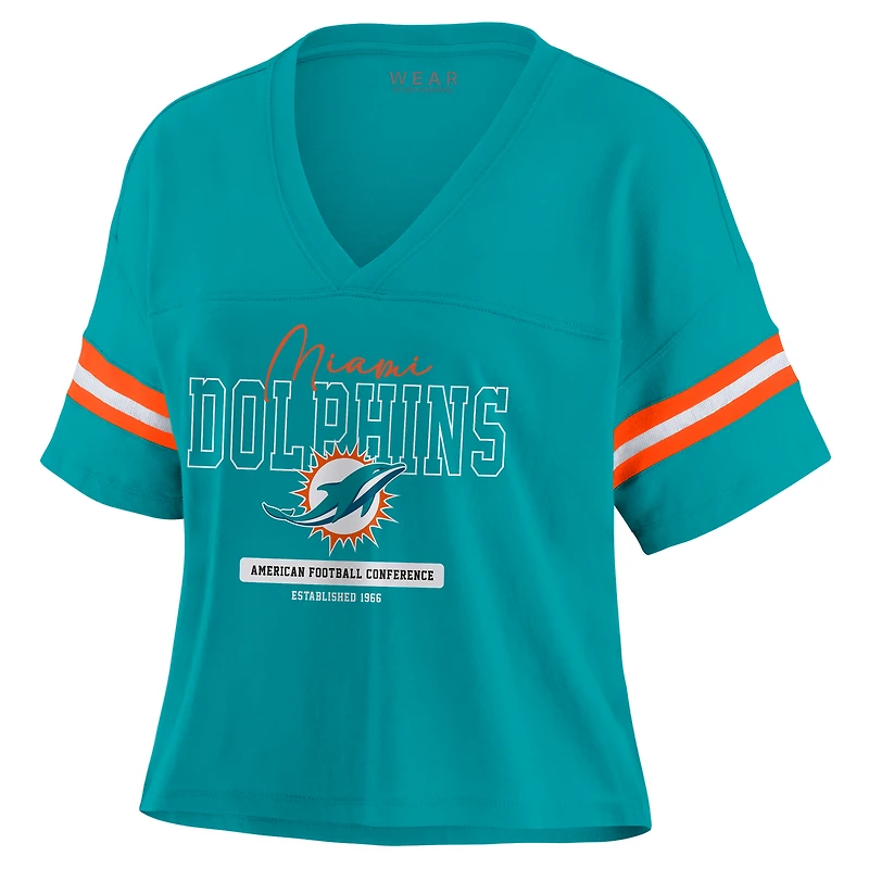 Women's WEAR by Erin Andrews Aqua Miami Dolphins Color Block Boxy Modest Crop V-Neck T-Shirt