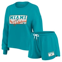 Ensemble de détente pour femme WEAR by Erin Andrews Aqua Miami Dolphins, composé d'un t-shirt à manches longues et short en jersey rugby épais