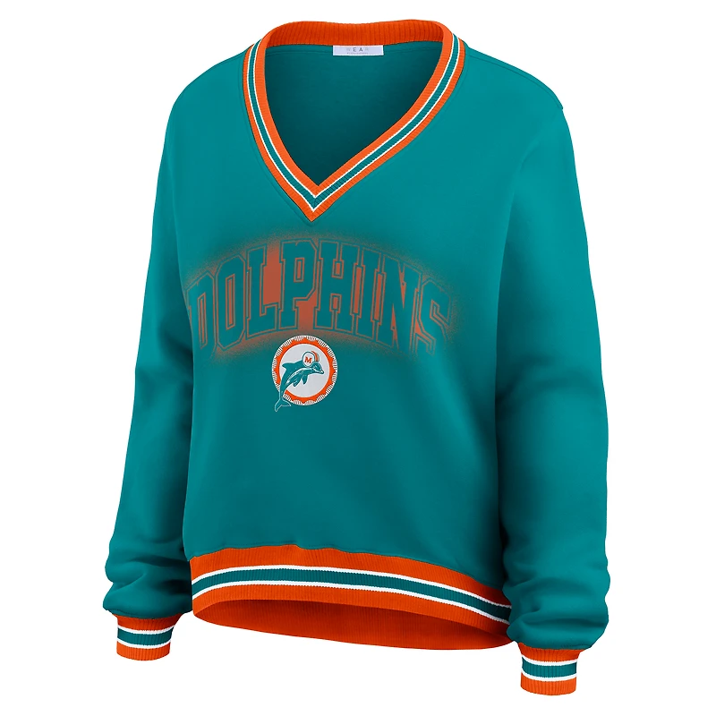 Women's WEAR by Erin Andrews Aqua Miami Dolphins Oversized Long Sleeve V-Neck Sweatshirt