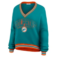Women's WEAR by Erin Andrews Aqua Miami Dolphins Oversized Long Sleeve V-Neck Sweatshirt