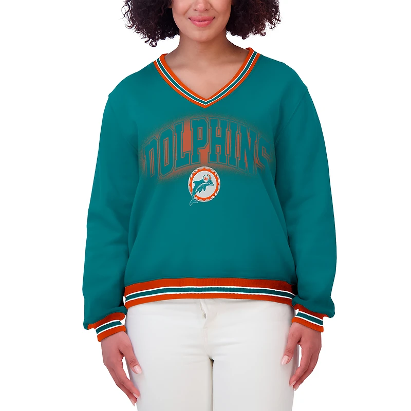 Women's WEAR by Erin Andrews Aqua Miami Dolphins Oversized Long Sleeve V-Neck Sweatshirt