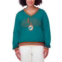 Women's WEAR by Erin Andrews Aqua Miami Dolphins Oversized Long Sleeve V-Neck Sweatshirt