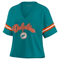 Women's WEAR by Erin Andrews Aqua Miami Dolphins Plus Color Block Boxy V-Neck T-Shirt
