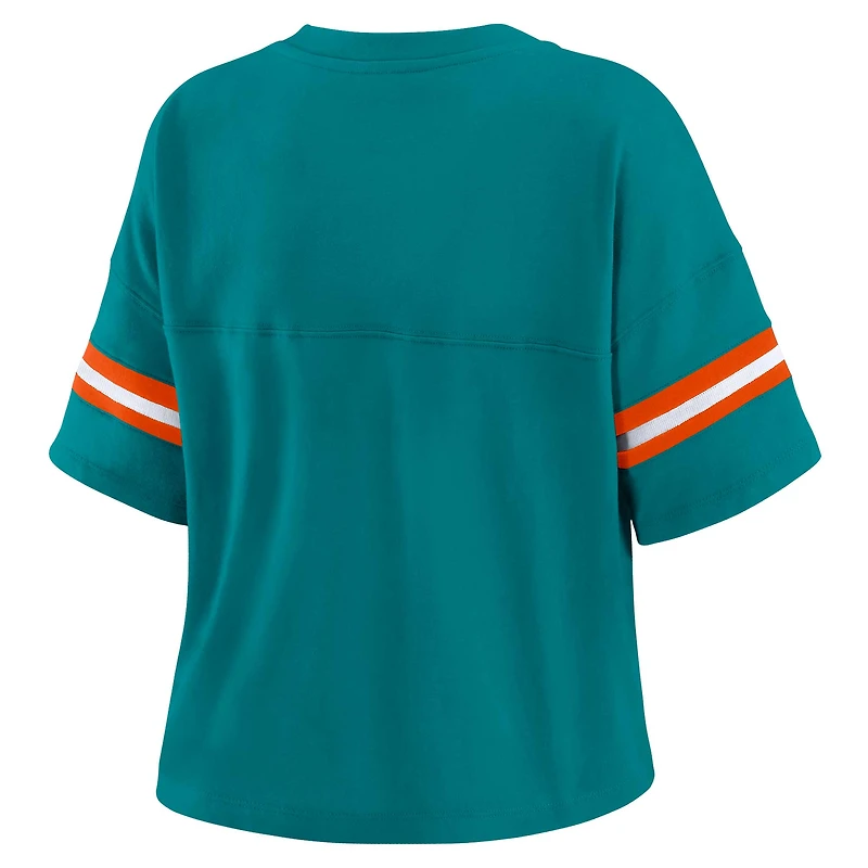 Women's WEAR by Erin Andrews Aqua Miami Dolphins Plus Color Block Boxy V-Neck T-Shirt