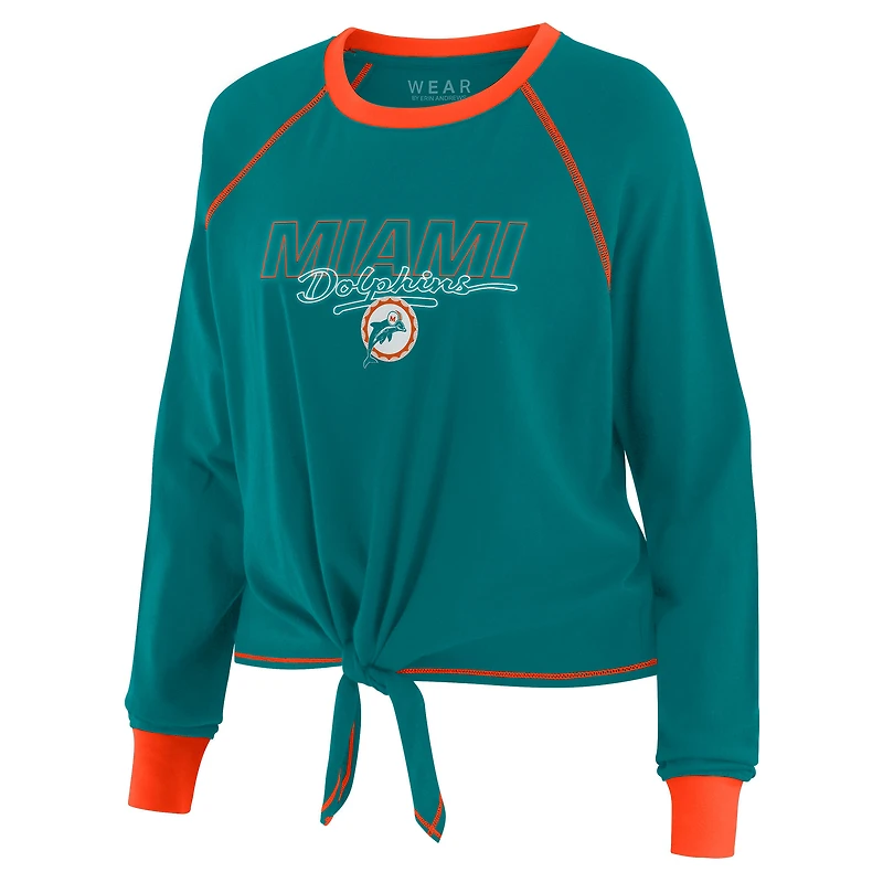 Women's WEAR by Erin Andrews Aqua Miami Dolphins Tie-Front Long Sleeve T-Shirt