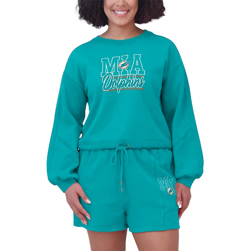 Ensemble de détente pour femme WEAR by Erin Andrews Aqua Miami Dolphins en molleton délavé avec t-shirt à manches longues et short