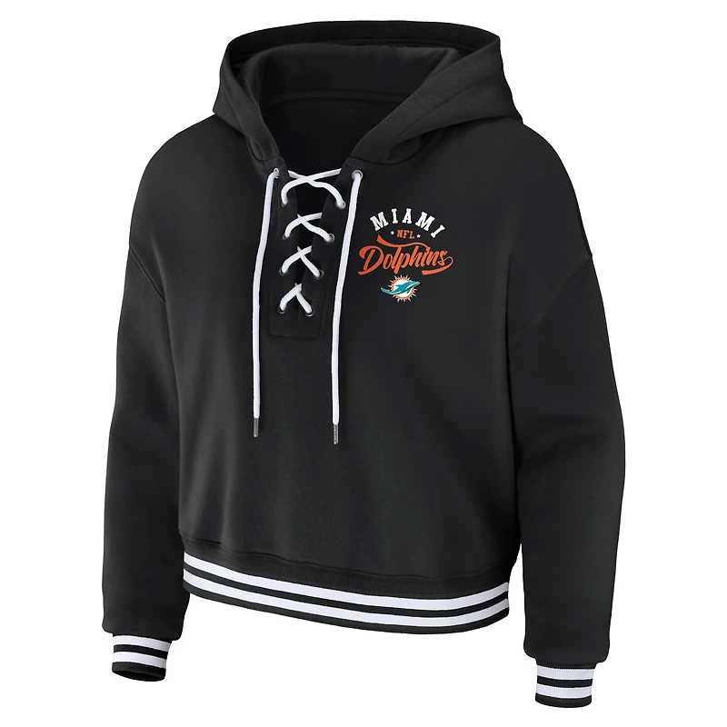 Women's WEAR by Erin Andrews Black Miami Dolphins Lace-Up Pullover Hoodie