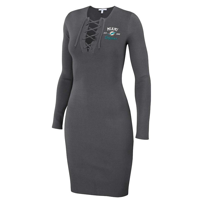 Women's WEAR by Erin Andrews Charcoal Miami Dolphins Lace Up Long Sleeve Dress