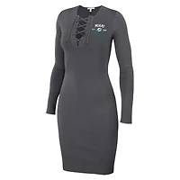 Women's WEAR by Erin Andrews Charcoal Miami Dolphins Lace Up Long Sleeve Dress