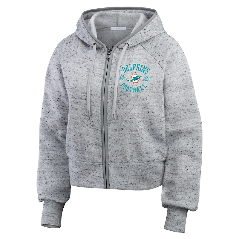 Sweat à capuche court en polaire moucheté gris chiné avec fermeture éclair complète pour femme WEAR by Erin Andrews des Miami Dolphins