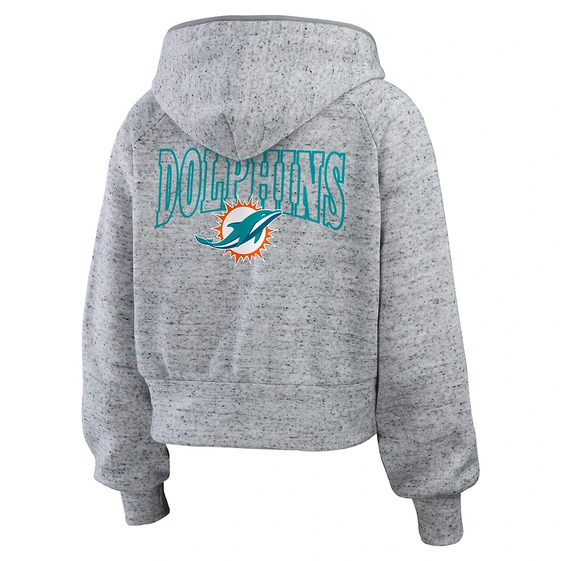 Sweat à capuche court en polaire moucheté gris chiné avec fermeture éclair complète pour femme WEAR by Erin Andrews des Miami Dolphins