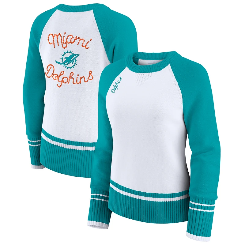 Women's WEAR by Erin Andrews White/Aqua Miami Dolphins Colorblock Raglan Sweater