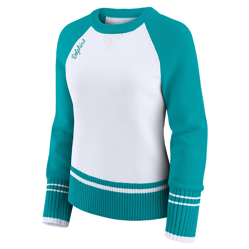 Women's WEAR by Erin Andrews White/Aqua Miami Dolphins Colorblock Raglan Sweater