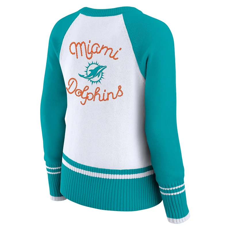 Women's WEAR by Erin Andrews White/Aqua Miami Dolphins Colorblock Raglan Sweater