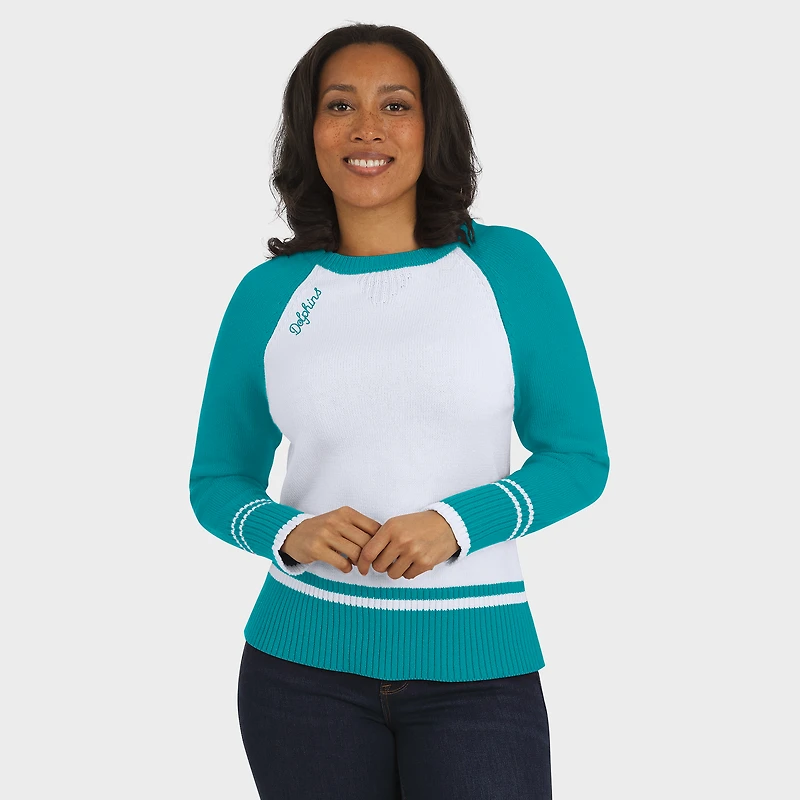 Pull raglan colorblock blanc/aqua des Dolphins de Miami pour femme par Erin Andrews