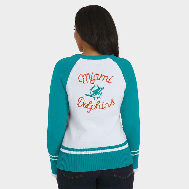 Women's WEAR by Erin Andrews White/Aqua Miami Dolphins Colorblock Raglan Sweater