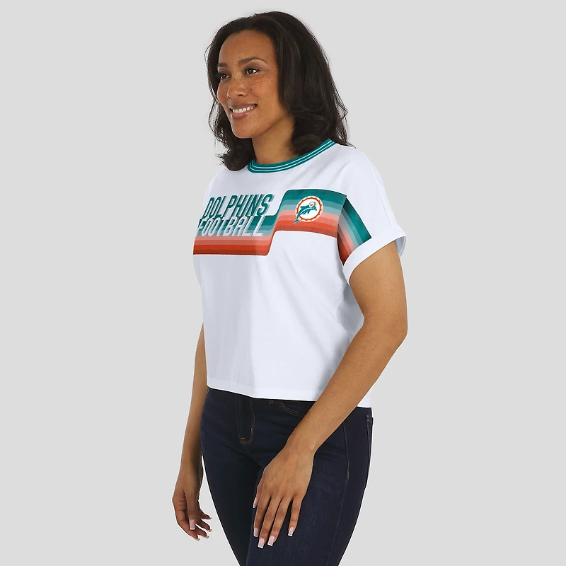 T-shirt court à rayures centrales blanc pour femme WEAR by Erin Andrews, motif Dolman, des Dolphins de Miami