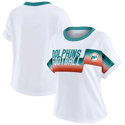 T-shirt court à rayures centrales blanc pour femme WEAR by Erin Andrews, motif Dolman, des Dolphins de Miami
