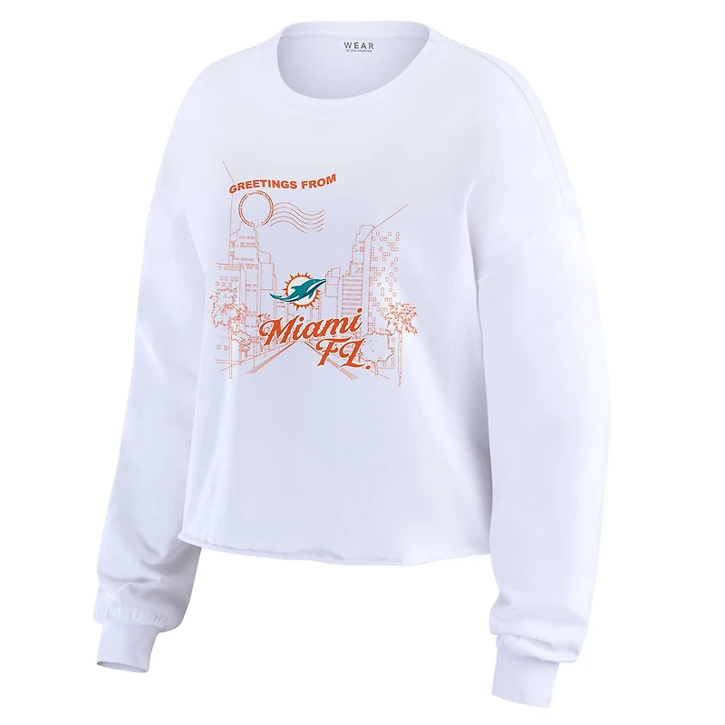Women's WEAR by Erin Andrews White Miami Dolphins Postcard Cropped Long Sleeve Top