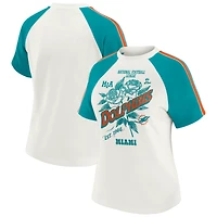 T-shirt raglan blanc à rayures et manches effet vieilli pour femme WEAR by Erin Andrews, motif Miami Dolphins