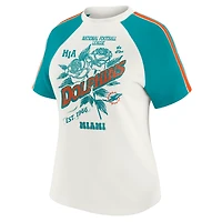 Women's WEAR by Erin Andrews White Miami Dolphins Sleeve Stripe Distressed Raglan T-Shirt