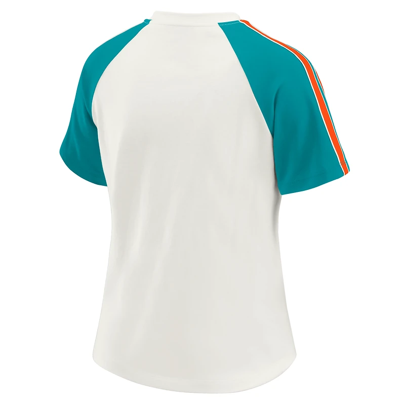 Women's WEAR by Erin Andrews White Miami Dolphins Sleeve Stripe Distressed Raglan T-Shirt