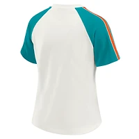 Women's WEAR by Erin Andrews White Miami Dolphins Sleeve Stripe Distressed Raglan T-Shirt