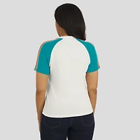 Women's WEAR by Erin Andrews White Miami Dolphins Sleeve Stripe Distressed Raglan T-Shirt