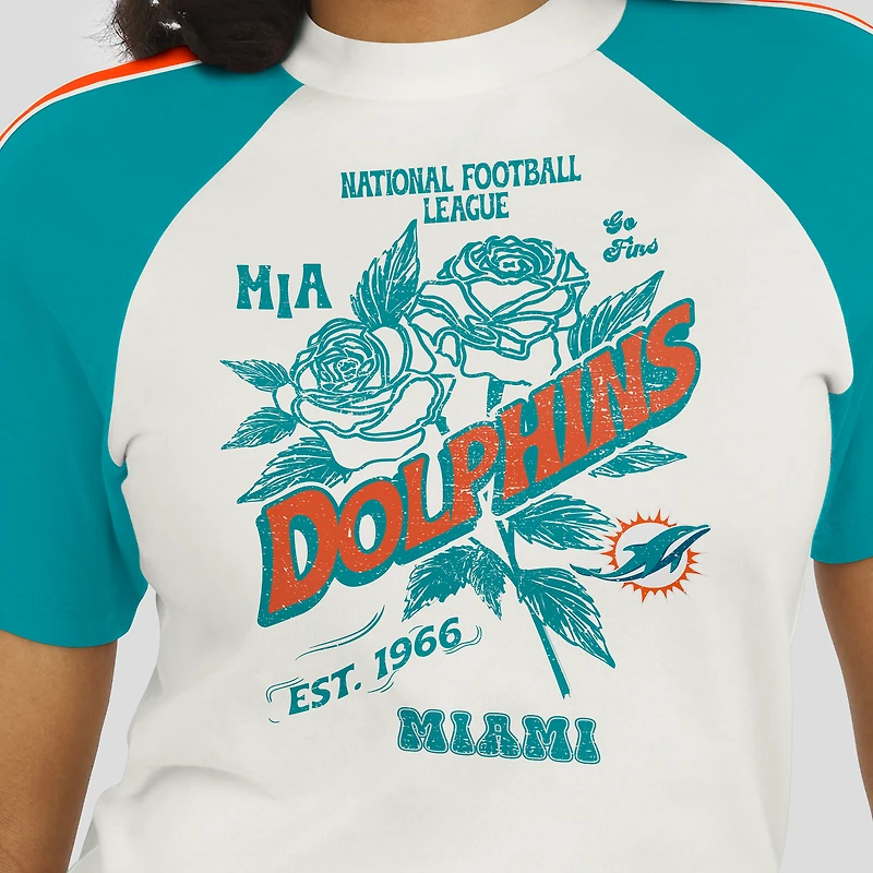 Women's WEAR by Erin Andrews White Miami Dolphins Sleeve Stripe Distressed Raglan T-Shirt