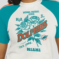 Women's WEAR by Erin Andrews White Miami Dolphins Sleeve Stripe Distressed Raglan T-Shirt