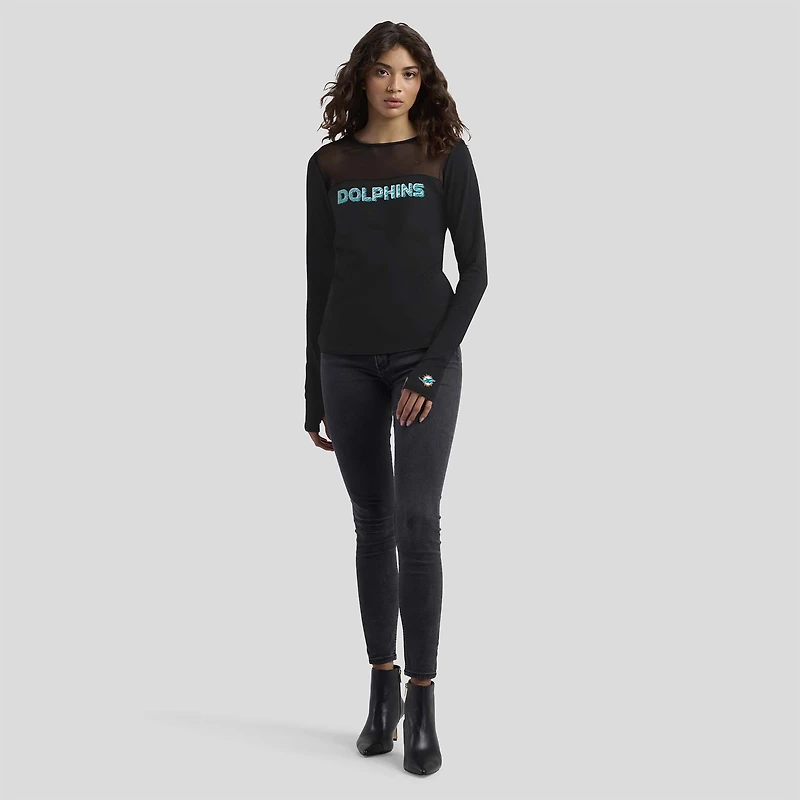 Women's WEAR by Erin Andrews x Gracie Hunt Black Miami Dolphins Mesh Panel Long Sleeve T-Shirt