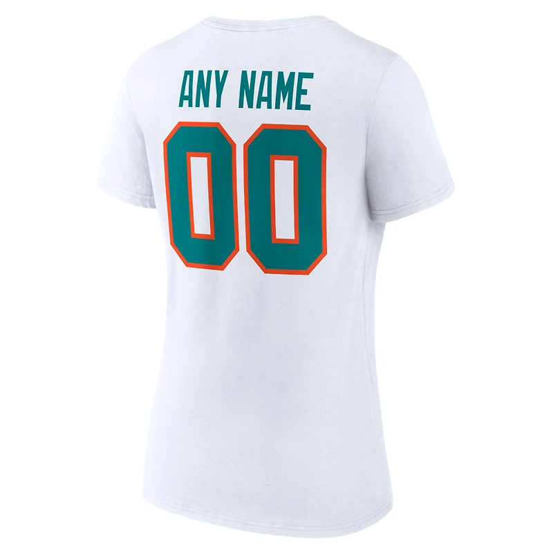 T-shirt blanc authentique classique pour femme des Miami Dolphins, col en V, personnalisé avec nom et numéro.