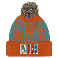 Bonnet en tricot à revers biseauté avec pompon pour jeunes Dolphins de Miami Aqua/Orange