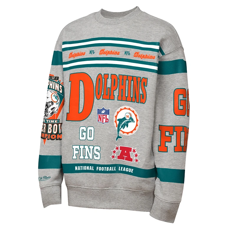 Sweat-shirt en molleton imprimé intégral rétro Mitchell & Ness gris Miami Dolphins pour jeunes