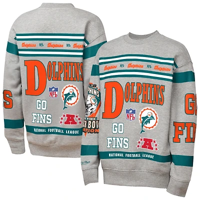 Sweat-shirt en molleton imprimé intégral rétro Mitchell & Ness gris Miami Dolphins pour jeunes