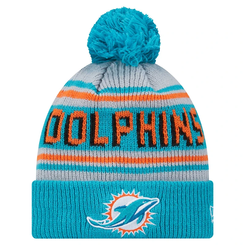 Bonnet en tricot à revers avec pompon pour jeunes New Era Aqua Miami Dolphins
