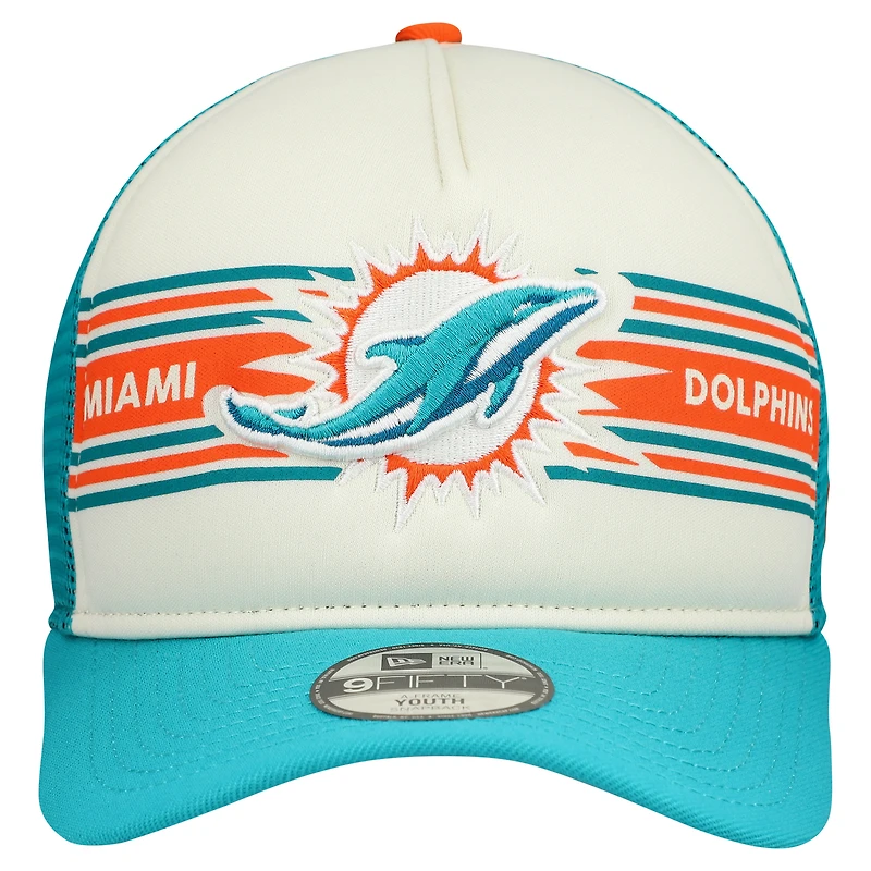 Youth New Era Cream/Aqua Miami Dolphins Banner 9FIFTY A-Frame Adjustable Trucker Hat