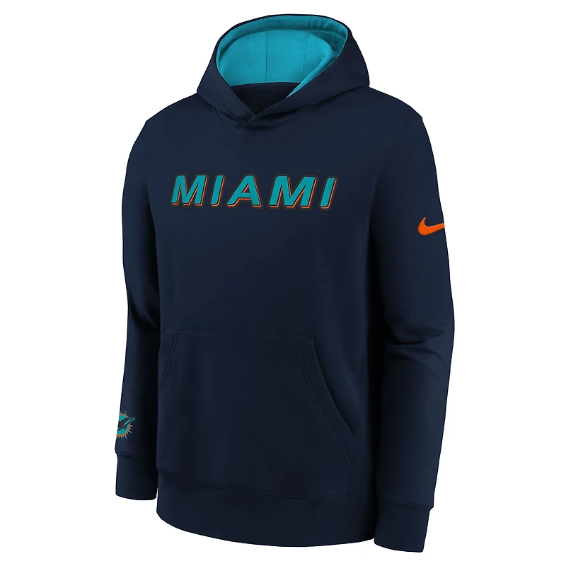 Sweat à capuche Nike Pitch Blue Miami Dolphins 2025 Rivalries Collection Club pour jeune