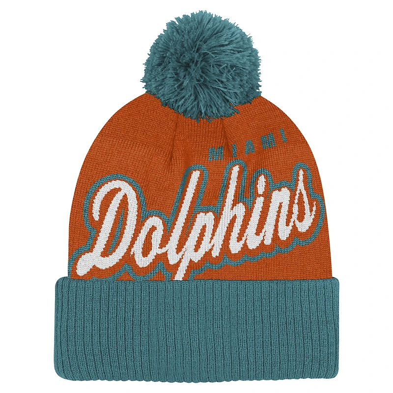 Bonnet tricoté à revers en jacquard Pro-Sport orange/aqua pour jeunes des Miami Dolphins avec pompon