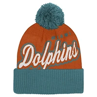 Bonnet tricoté à revers en jacquard Pro-Sport orange/aqua pour jeunes des Miami Dolphins avec pompon