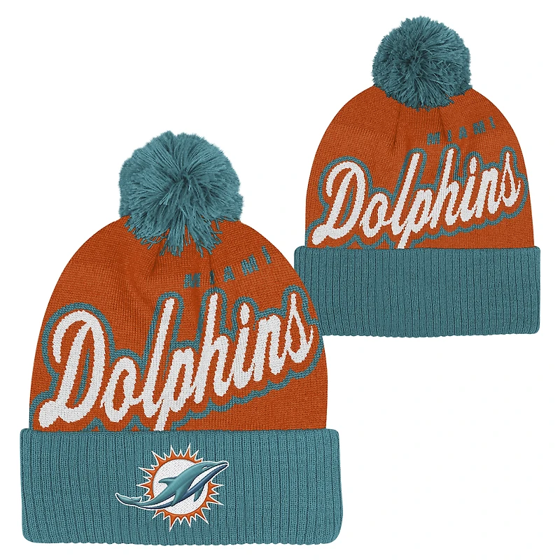 Bonnet tricoté à revers en jacquard Pro-Sport orange/aqua pour jeunes des Miami Dolphins avec pompon