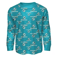 Ensemble de nuit Youth Outerstuff Aqua Miami Dolphins avec t-shirt à manches longues et pantalon imprimé intégral